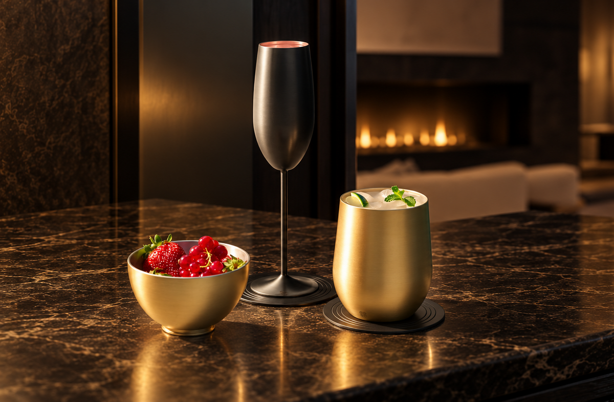 Born Brass barware arranged on a dark marble home bar