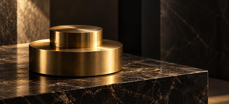 Sculptural solid brass form on dark marble