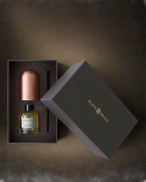 Bali Brass Reed Diffuser Set in Born Brass gift packaging