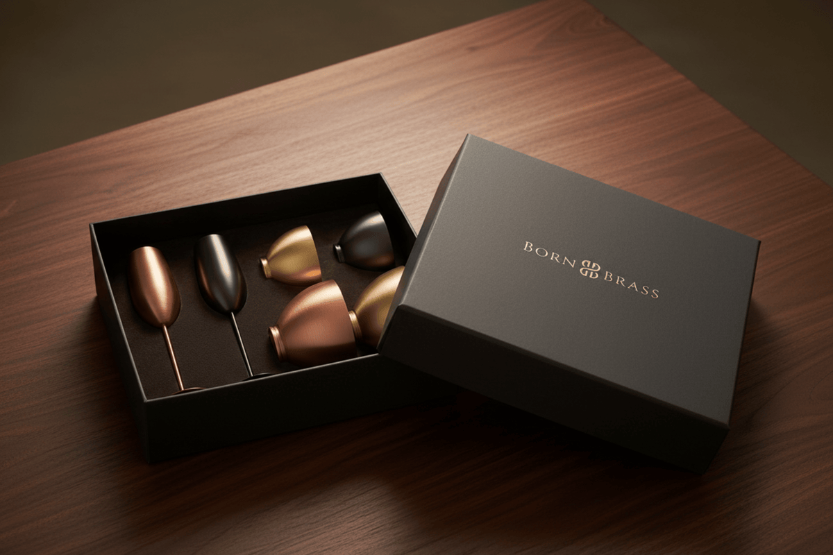 Modern brass flute glasses and snack bowl gift set styled for elegant celebrations