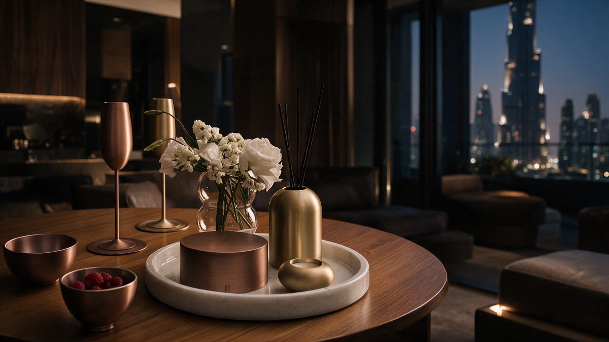 Custom Born Brass objects styled in a luxury interior overlooking Dubai